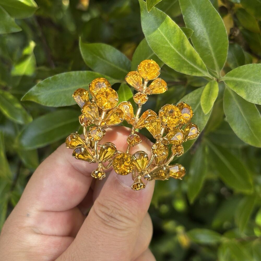 Vintage Weiss Weissco Amber Rhinestone Floral Spray Brooch Gold Tone